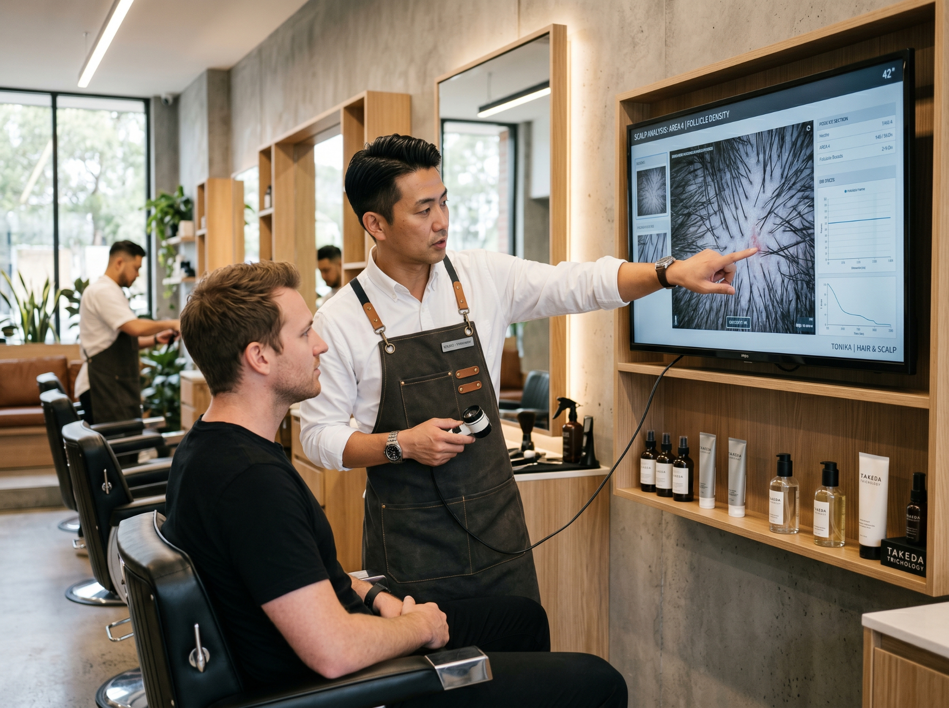 A confident barber-specialist in a premium studio