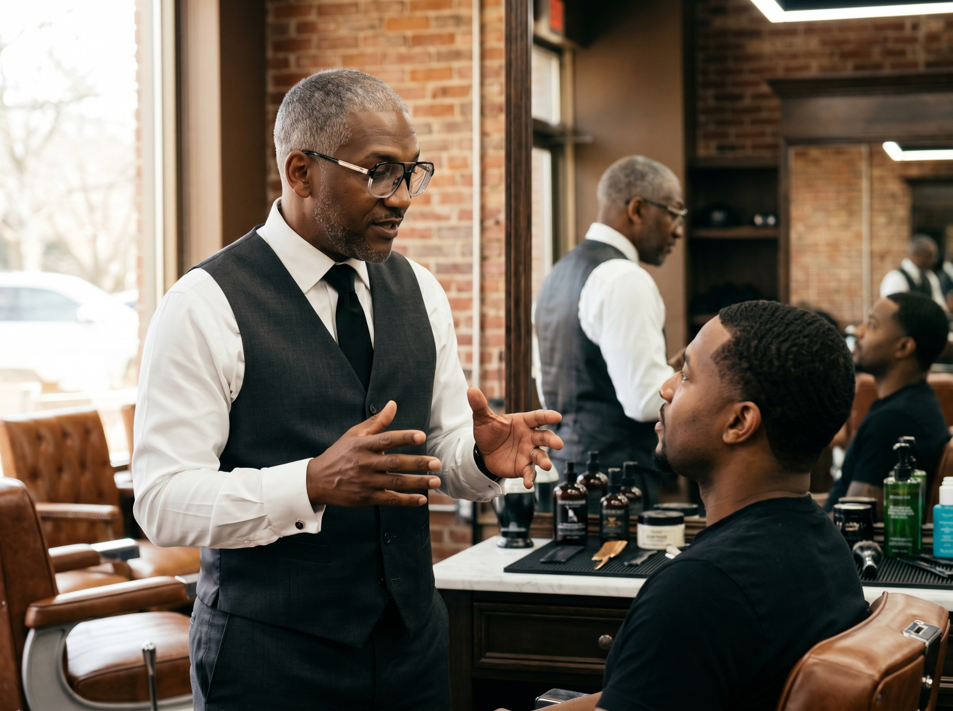 A barber pausing in thought