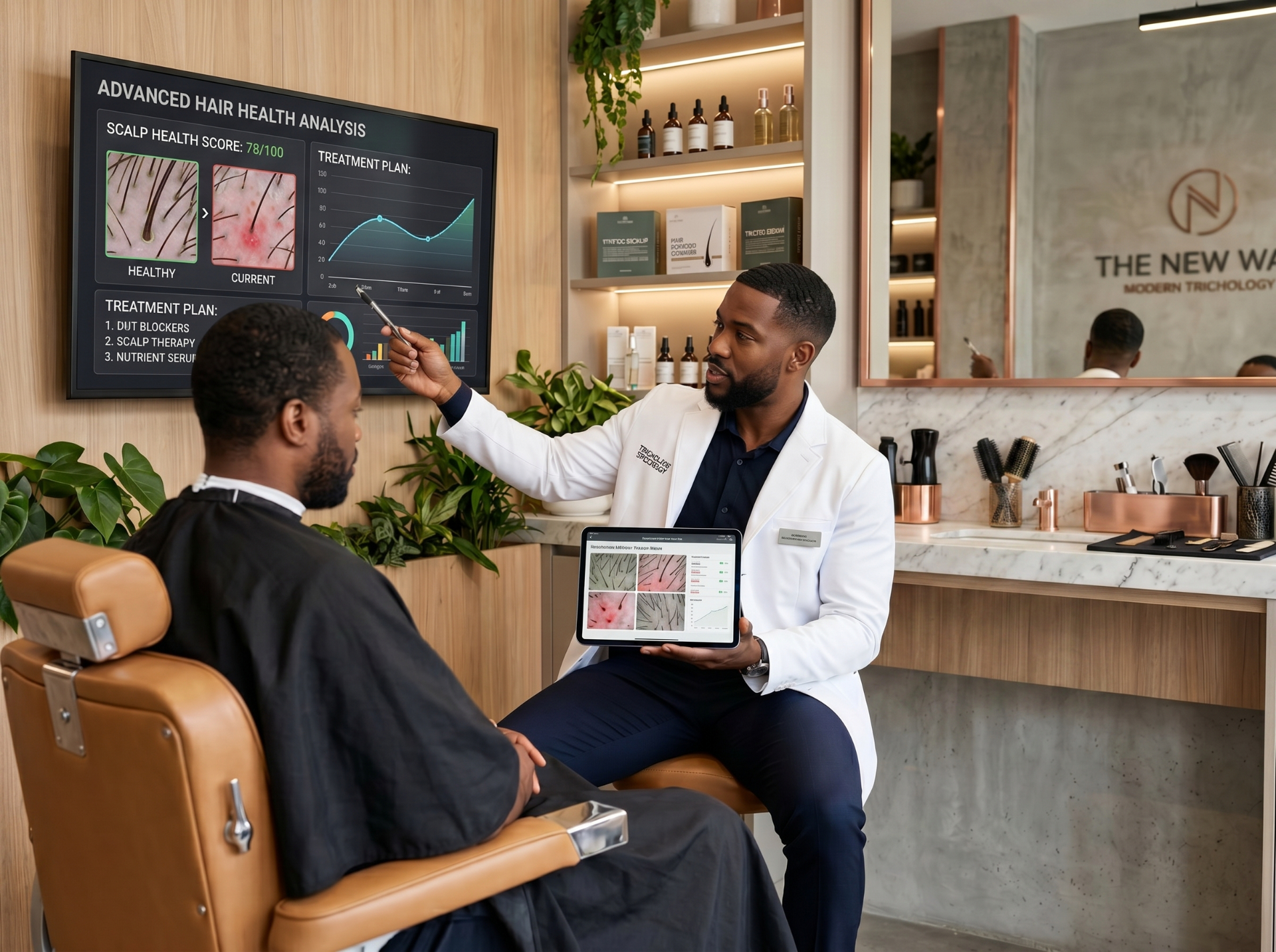 After: trichology specialist analyzing scalp health